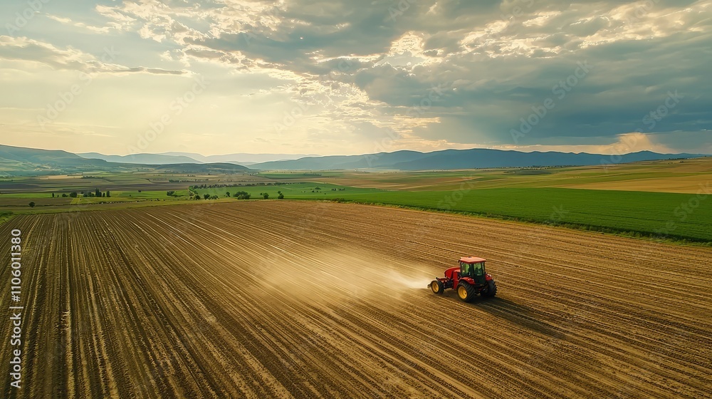 Aerial View of Agricultural Field with Machinery Distributing Water and Preparing Soil for Planting in Lush Green Landscape under Dramatic Sky Aerial View of Agricultural Field with Machinery Distributing Water and Preparing Soil for Planting in Lush Green Landscape under Dramatic Sky