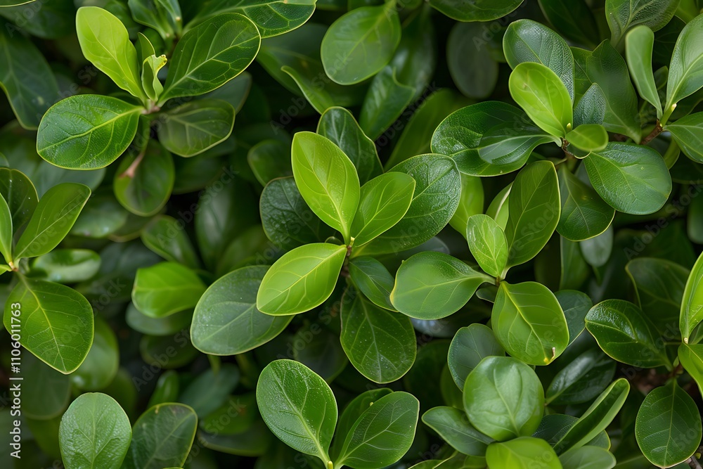 The small, oval leaves of a boxwood shrub, arranged in dense clusters and a deep green color The small, oval leaves of a boxwood shrub, arranged in dense clusters and a deep green color