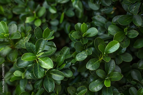 The small, oval leaves of a boxwood shrub, arranged in dense clusters and a deep green color photo