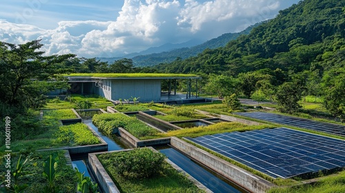 Modern wastewater treatment plant with green roof, solar panels, and eco-friendly design, set in lush surroundings, efficient water recycling systems on display photo