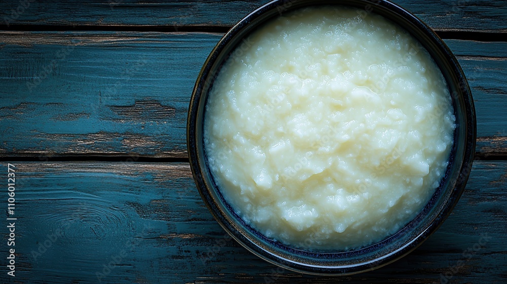 A bowl of creamy white rice porridge sits on a rustic blue wooden background. A bowl of creamy white rice porridge sits on a rustic blue wooden background.