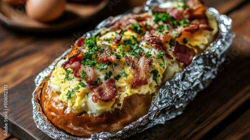 A hearty breakfast roll wrapped in foil, with bacon and eggs peeking out, styled for an on-the-go meal.