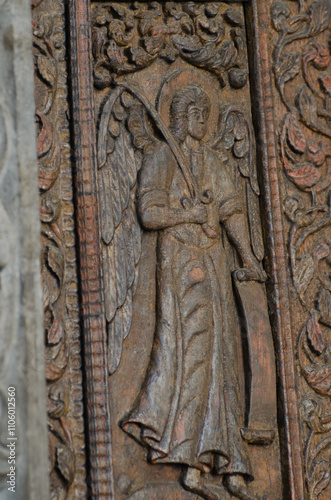 Wood carving detail at Stavropoleos Church, Bucharest, Romania photo