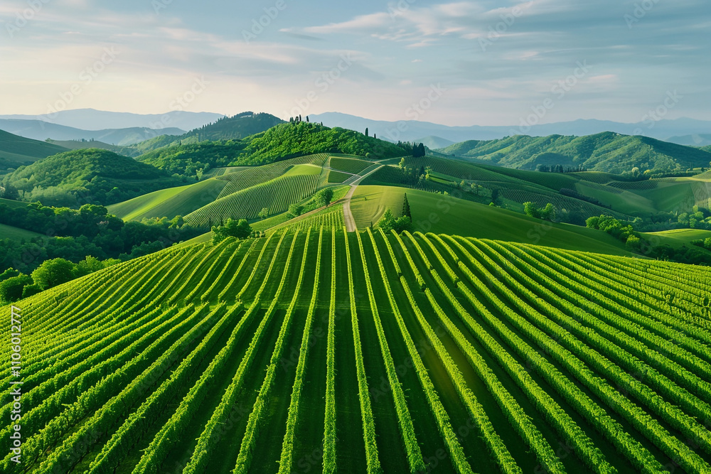 Fototapeta premium Lush Vineyard Rolling Across Hillsides Under Golden Sunlight