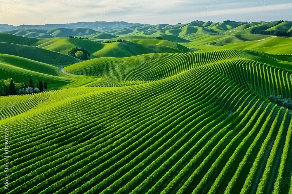 Fototapeta premium Lush Vineyard Rolling Across Hillsides Under Golden Sunlight