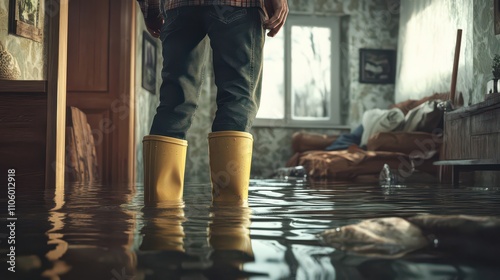 Flooded Room with Person in Yellow Boots