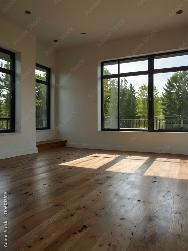 Fototapeta premium Empty white living room with wood flooring and large windows.
