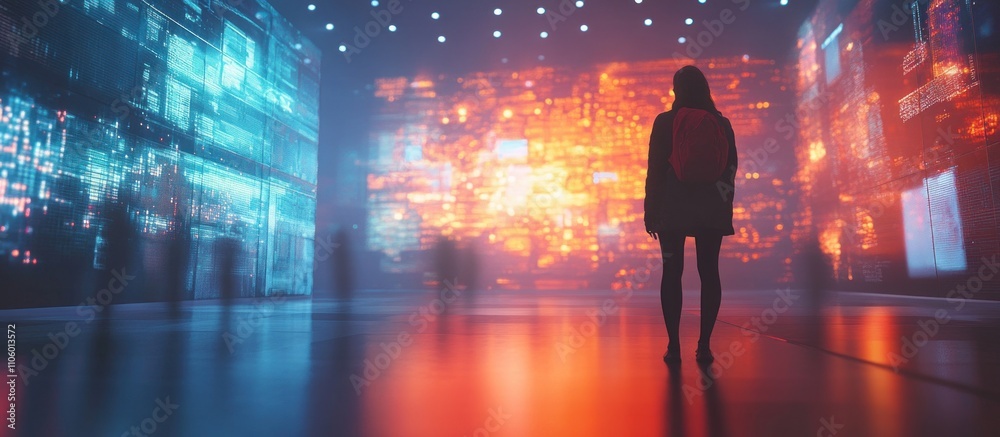 A lone woman stands in a brightly lit futuristic environment, surrounded by glowing screens and digital information. A lone woman stands in a brightly lit futuristic environment, surrounded by glowing screens and digital information.