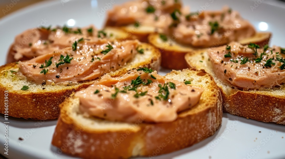 Decadent Salmon Mousse Spread on Toasted Baguette Slices Decadent Salmon Mousse Spread on Toasted Baguette Slices