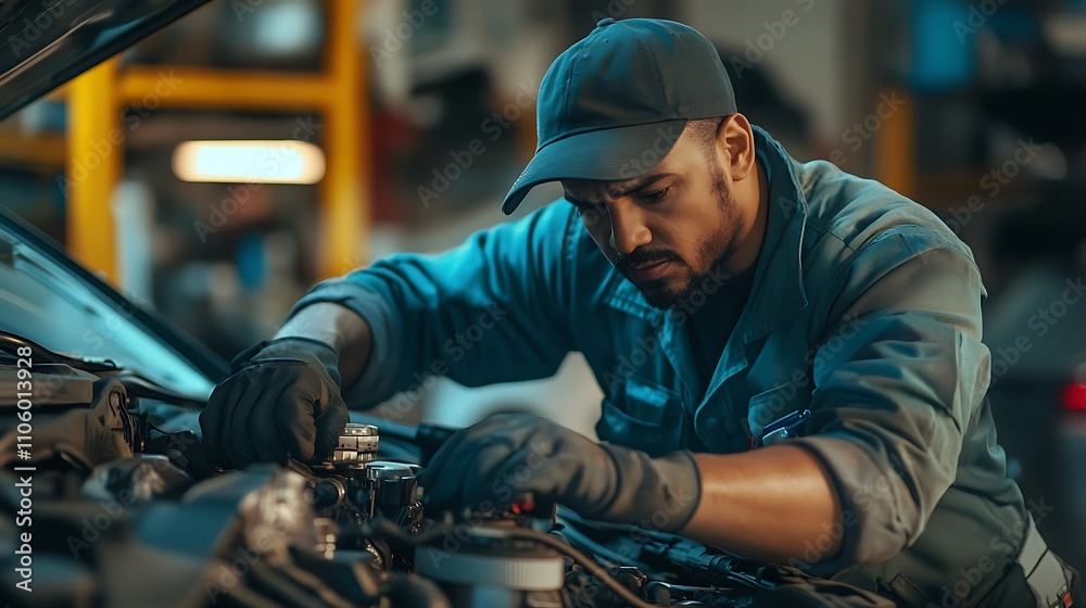 Mechanic Carefully Inspecting Car Engine Components Mechanic Carefully Inspecting Car Engine Components