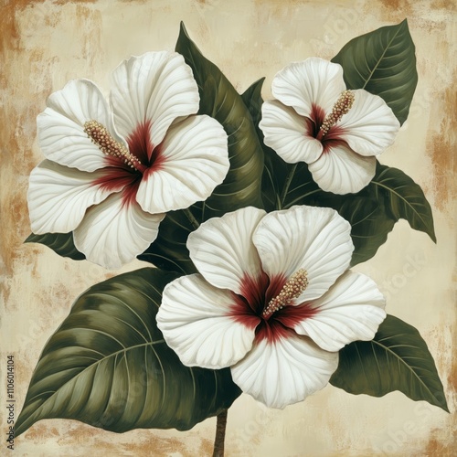 Wallpaper Mural Elegant White Hibiscus Floral Painting on Beige Background Torontodigital.ca
