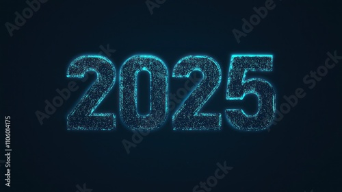 Written text "2025" in a futuristic digital font with glowing cyan edges on a deep navy blue background.