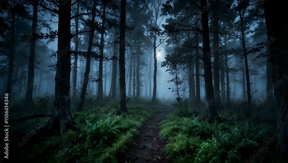 Enchanted foggy forest under moonlight. Enchanted foggy forest under moonlight.
