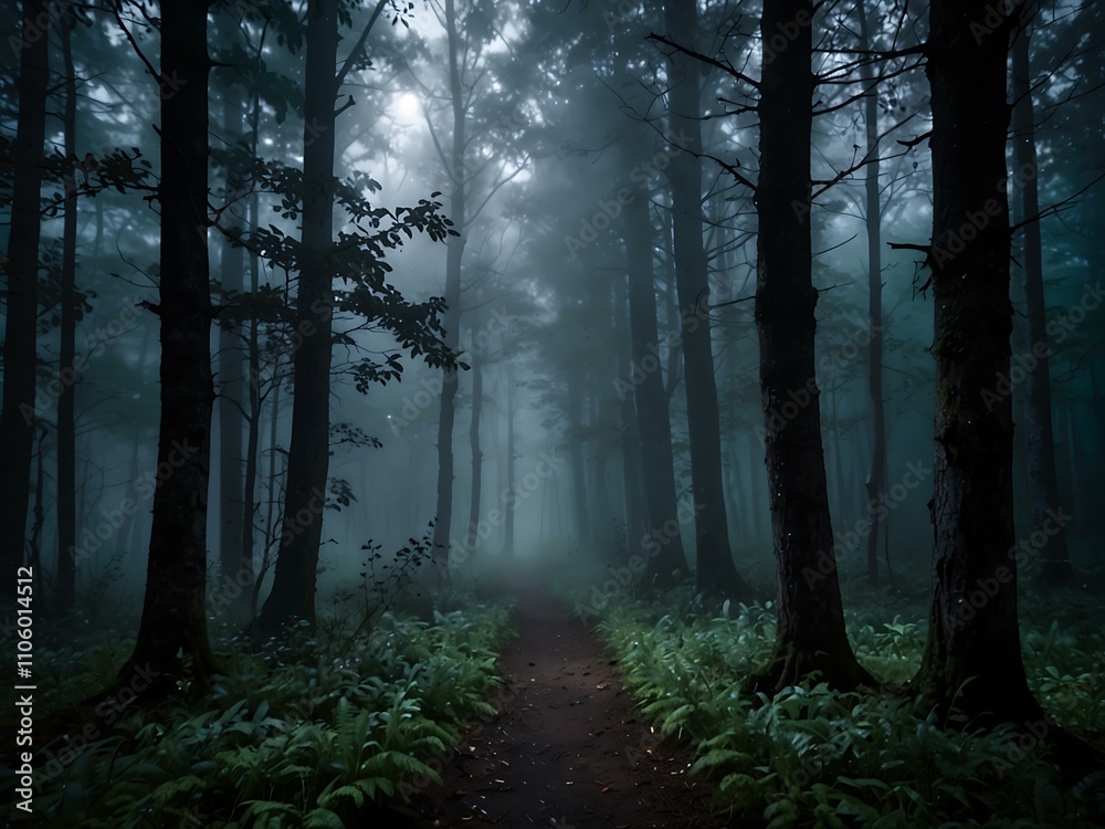 Fototapeta premium Enchanted foggy forest with moonlit serene glow.