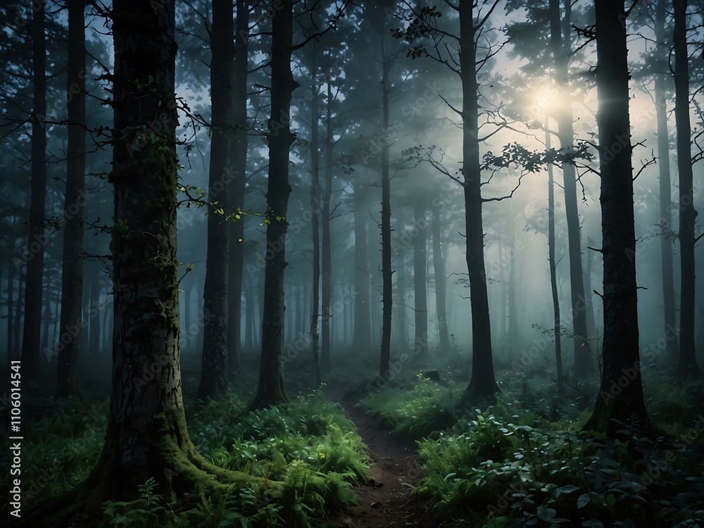 Obraz premium Enchanted foggy forest with moonlit serene glow.