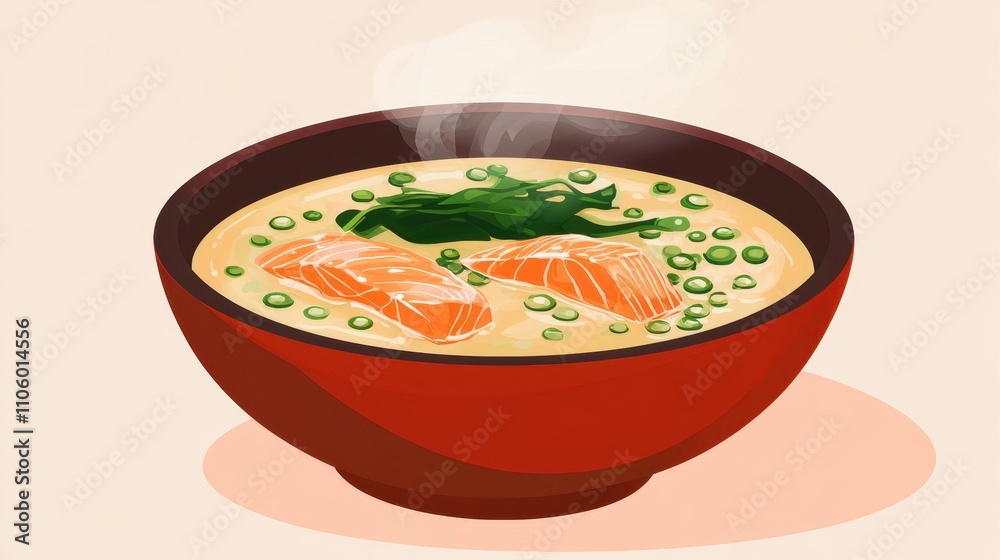 Steaming Salmon Miso Soup with Fresh Greens Steaming Salmon Miso Soup with Fresh Greens