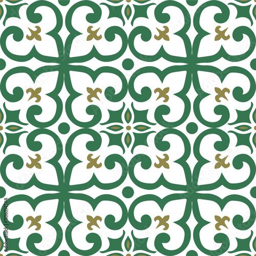 Elegant damask pattern with green and gold details on a white background. Perfect for textiles, wallpapers, and decorative projects with a sophisticated touch.