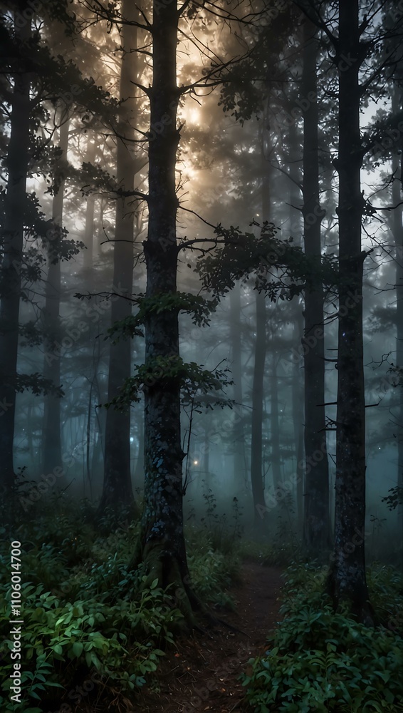 Obraz premium Enchanted forest at twilight with moonlit fog.