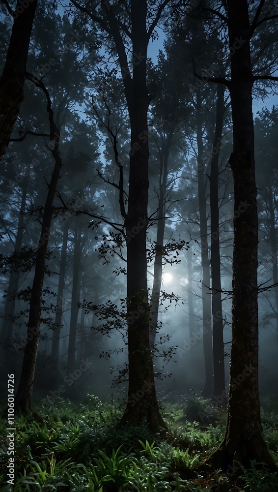 Enchanted forest at twilight with moonlit fog.