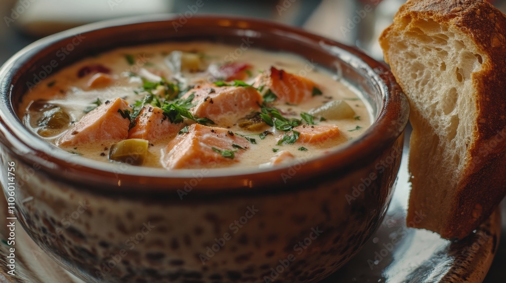 Traditional Hot Salmon Chowder in a Rustic Bowl Traditional Hot Salmon Chowder in a Rustic Bowl