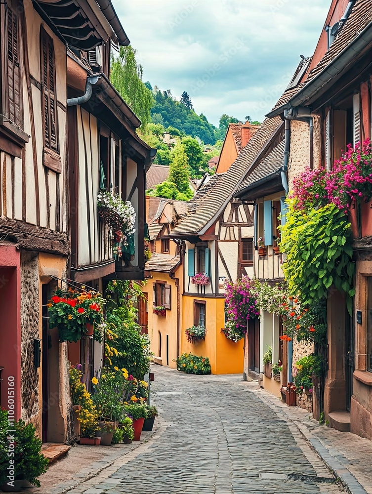 Cobblestone street lined with colorful houses and flowers. Cobblestone street lined with colorful houses and flowers.