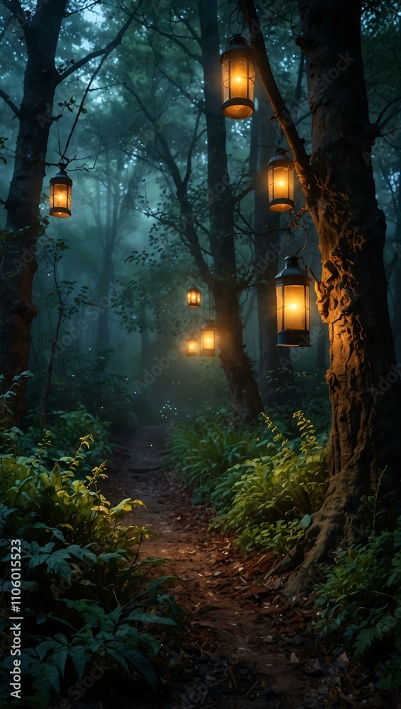 Fototapeta premium Enchanted forest with glowing lanterns in a mystical mist.
