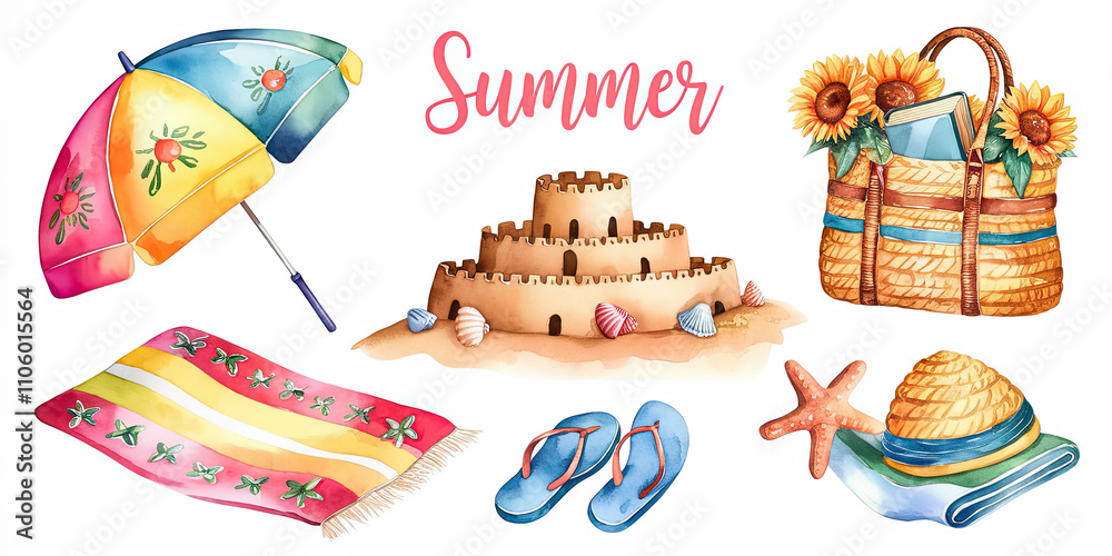 Naklejka premium Watercolor painting of a vibrant summer beach scene with children playing in the sand, beach balls, and the ocean in the background, evoking a fun, energetic vibe.