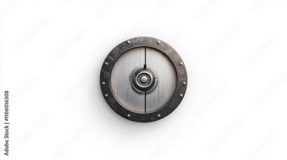 A circular, metallic shield with a central boss, featuring a textured surface and a rugged design, ideal for historical or fantasy themes. A circular, metallic shield with a central boss, featuring a textured surface and a rugged design, ideal for historical or fantasy themes.
