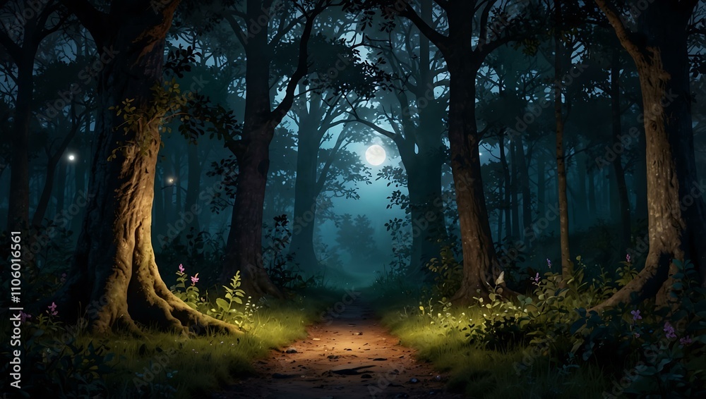 Enchanted magical forest with twilight moonlight. Enchanted magical forest with twilight moonlight.