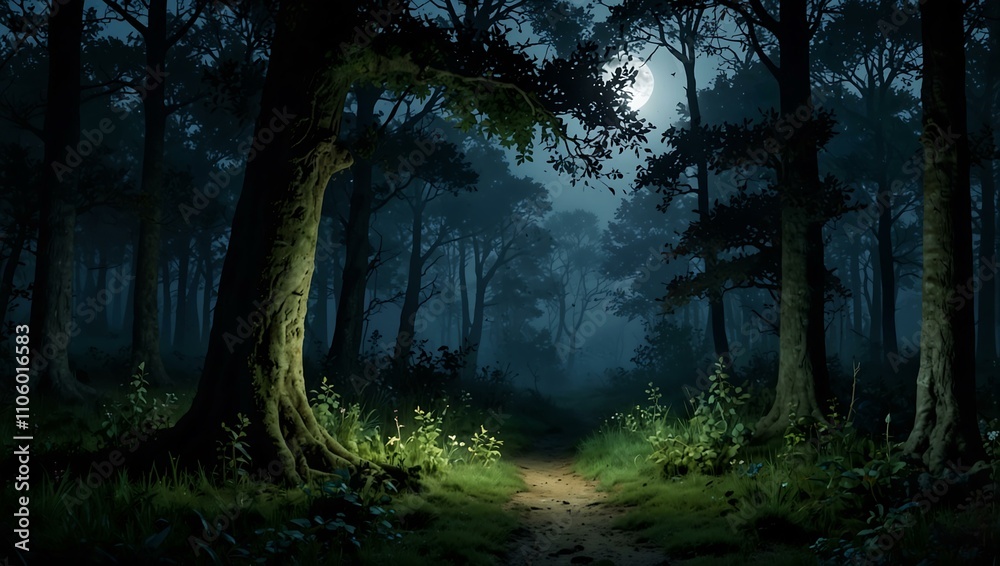 Obraz premium Enchanted magical forest with twilight moonlight.