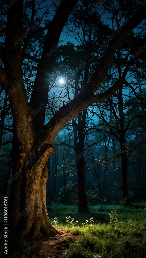 Enchanted moonlight shining through trees. Enchanted moonlight shining through trees.