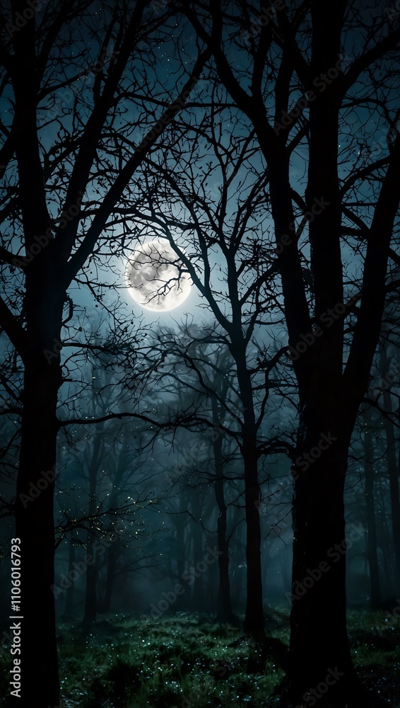 Naklejka premium Enchanted moonlight shining through trees.