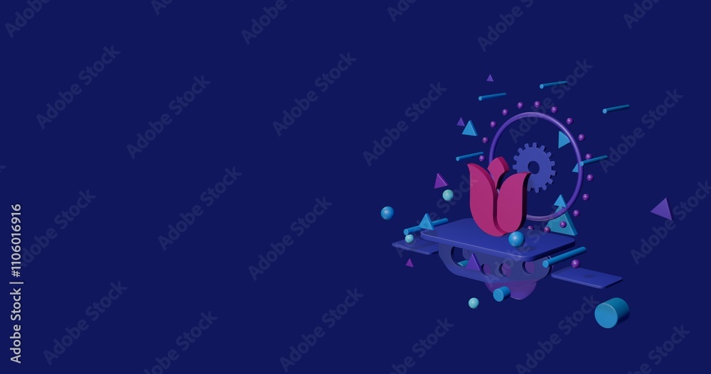 Pink tulip on a pedestal of abstract geometric shapes floating in the air. Abstract concept art with flying shapes on the right. 3d illustration on indigo background Pink tulip on a pedestal of abstract geometric shapes floating in the air. Abstract concept art with flying shapes on the right. 3d illustration on indigo background