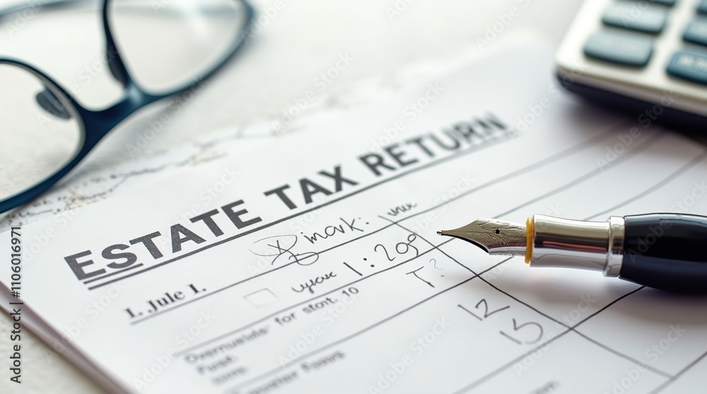 Estate Tax Return Document with Pen and Glasses Estate Tax Return Document with Pen and Glasses