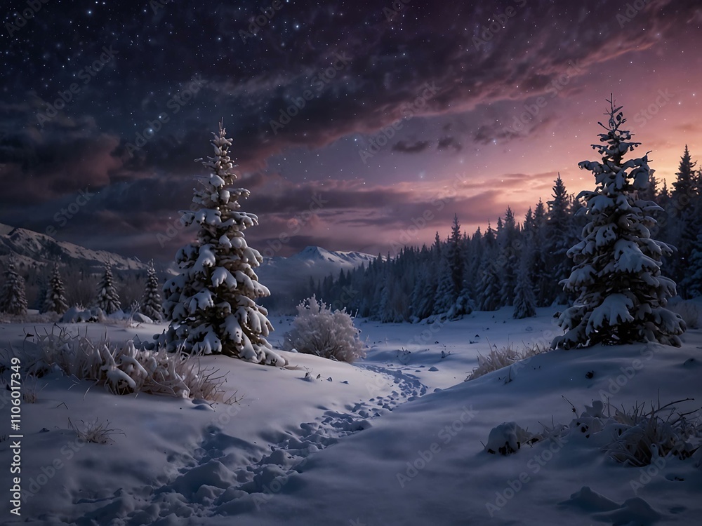 Fototapeta premium Enchanted winter night scene with snow and purple skies.