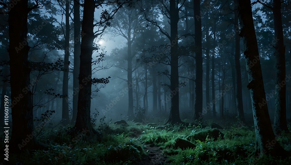 Enchanted, ethereal foggy twilight forest with a serene moonlit glow.