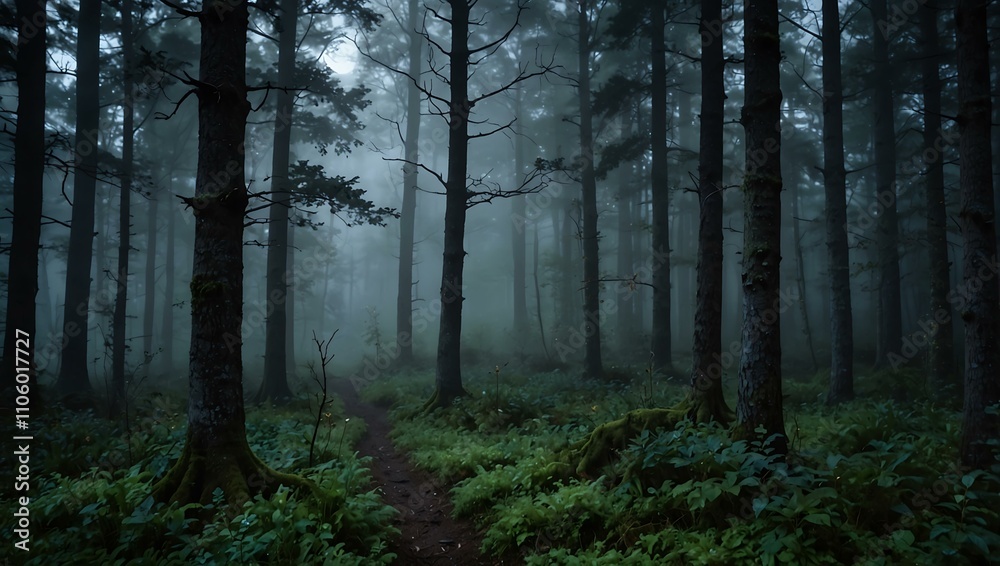 Enchanted, foggy forest with moonlit, serene magic. Enchanted, foggy forest with moonlit, serene magic.