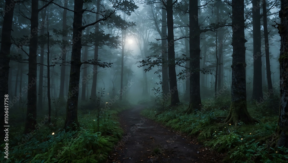 Fototapeta premium Enchanted, foggy forest with moonlit, serene magic.