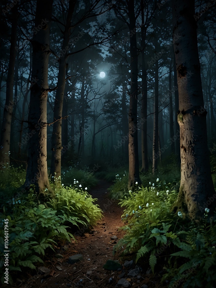 Naklejka premium Enchanted, magical moonlit forest.