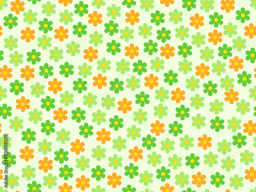 Floral seamless pattern with orange, yellow and green color palette doodle design on light green background vector illustration