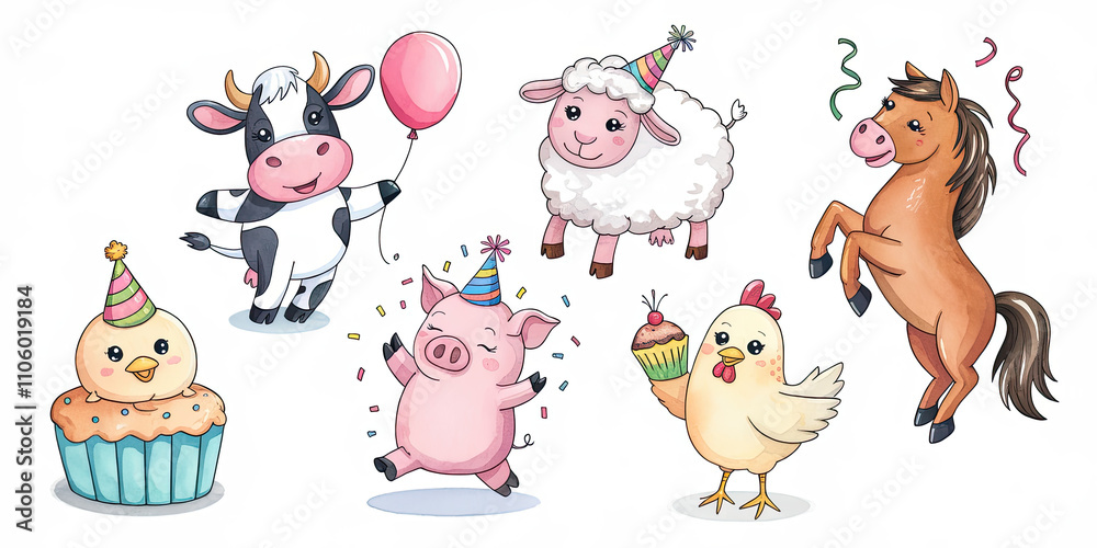 Fototapeta premium Whimsical farm animal birthday party with five adorable farm animals wearing hats and celebrating in a rustic barnyard setting, complete with hay bales and colorful decorations.