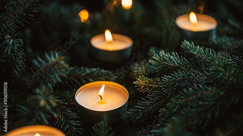 Lit candles nestled amongst pine branches, creating a warm, inviting ambiance.