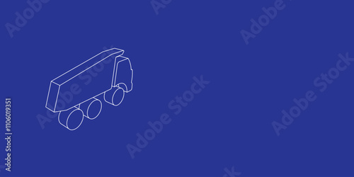 The outline of a large truck symbol made of white lines on the left. 3D view of the object in perspective. Vector illustration on indigo background