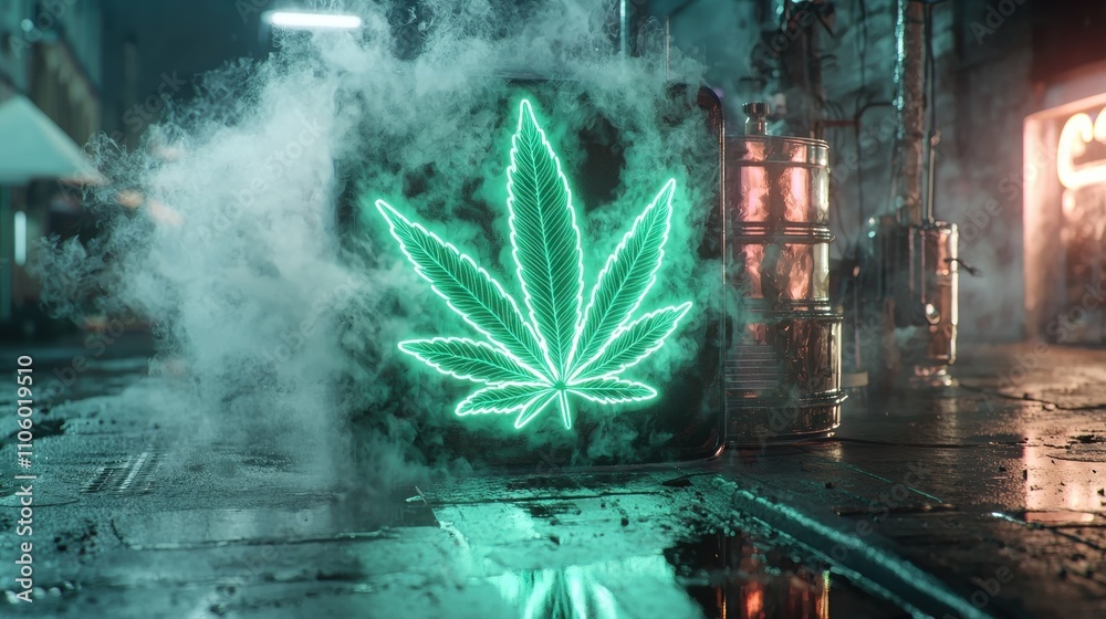 Neon cannabis symbol illuminating urban alleyway digital artwork nighttime futuristic concept for modern culture Neon cannabis symbol illuminating urban alleyway digital artwork nighttime futuristic concept for modern culture