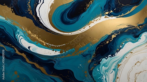 Abstract blue marble texture with gold splashes, blue luxury background