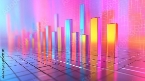 A reflective 3D bar graph with vibrant colors and soft shadows, depicting financial growth statistics, floating above a grid-patterned digital surface.