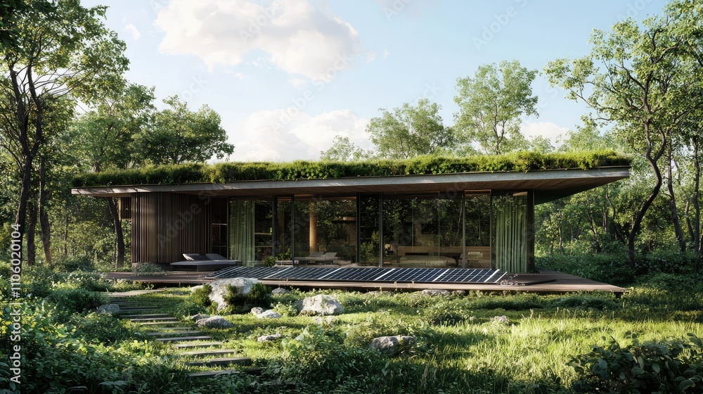 Stunning Architectural Rendering of an Eco-Friendly House Surrounded by Lush Greenery and Natural Landscape, Showcasing Sustainable Design and Harmonious Living with Nature Stunning Architectural Rendering of an Eco-Friendly House Surrounded by Lush Greenery and Natural Landscape, Showcasing Sustainable Design and Harmonious Living with Nature
