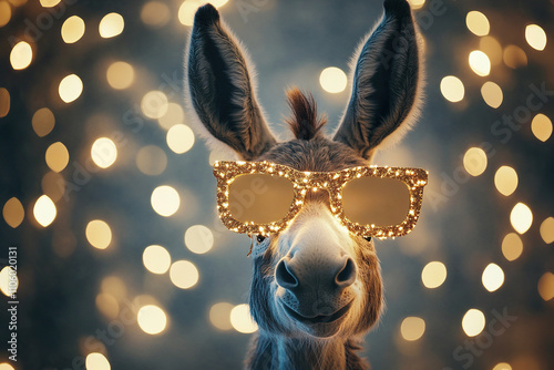 Ein freundlicher Esel mit übergroßer 'Happy New Year'-Brille vor einem Hintergrund aus funkelnden Lichtern. Humorvoll und festlich, perfekt für lustige Einladungen oder Partydekorationen