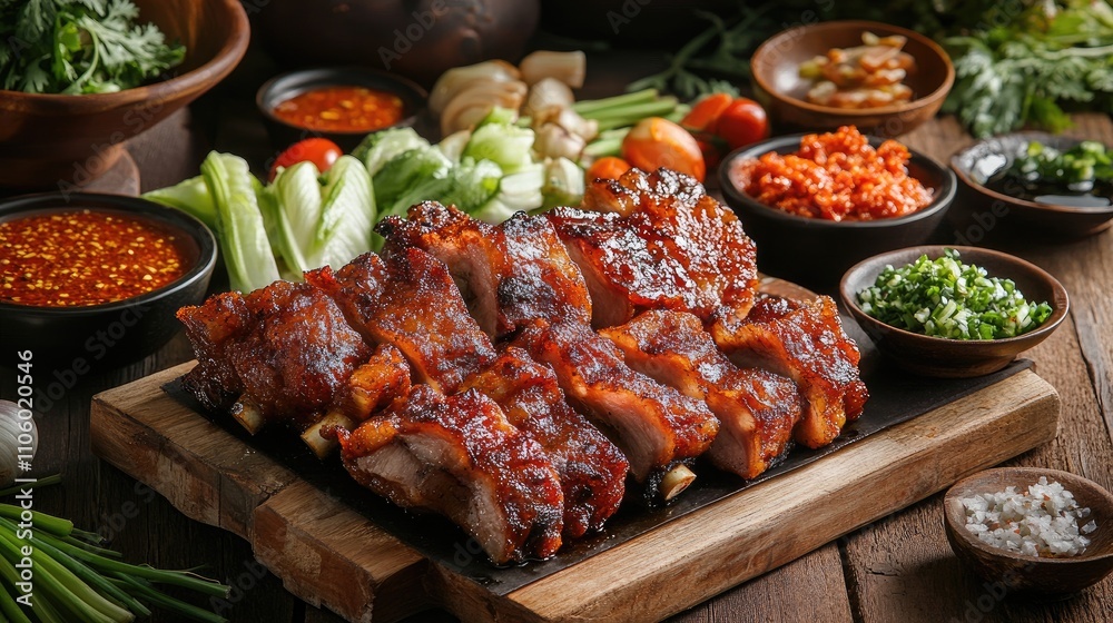 A rustic dining scene featuring a serving platter of fried pork belly, surrounded by bowls of spicy sauce and fresh vegetables, inviting family and friends to share a meal. A rustic dining scene featuring a serving platter of fried pork belly, surrounded by bowls of spicy sauce and fresh vegetables, inviting family and friends to share a meal.