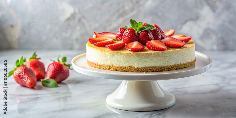 Strawberry Cheesecake Round Composition, Marble Background, Fresh Berries Strawberry Cheesecake Round Composition, Marble Background, Fresh Berries